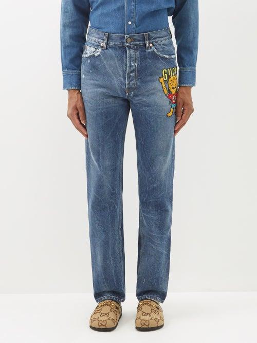 Gucci - Tiger-embroidered Denim Straight-leg Jeans - Mens - Dark Blue