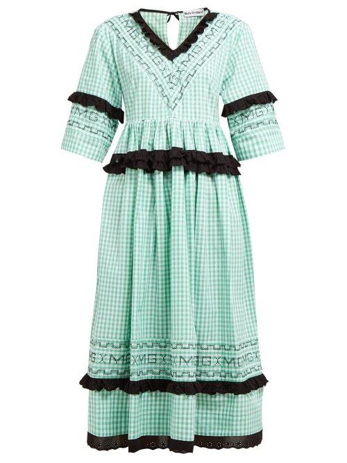 Matchesfashion.com Molly Goddard - Frank Cross Stitched Gingham Cotton Midi Dress - Womens - Green