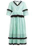 Matchesfashion.com Molly Goddard - Frank Cross Stitched Gingham Cotton Midi Dress - Womens - Green
