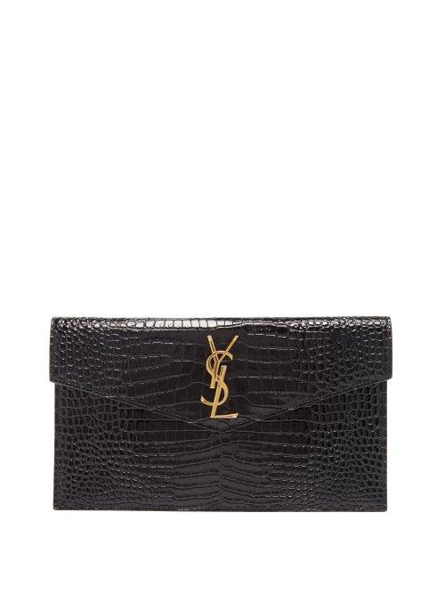 Saint Laurent - Uptown Ysl-plaque Crocodile-effect Leather Clutch - Womens - Black