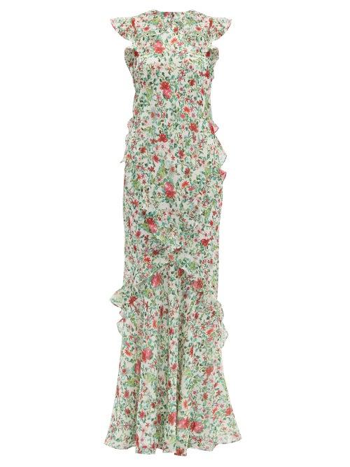 Matchesfashion.com Saloni - Tamara Floral Print Silk Chiffon Dress - Womens - White Multi