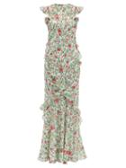 Matchesfashion.com Saloni - Tamara Floral Print Silk Chiffon Dress - Womens - White Multi