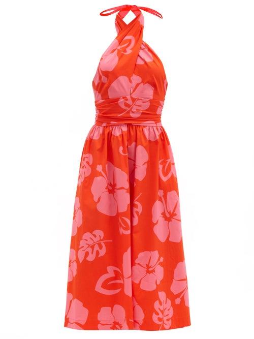 Matchesfashion.com Staud - Moana Floral-print Cotton-blend Halterneck Dress - Womens - Red Print