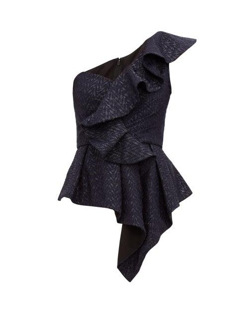 Matchesfashion.com Self-portrait - Asymmetric Ruffle Metallic Fil Coup Top - Womens - Navy