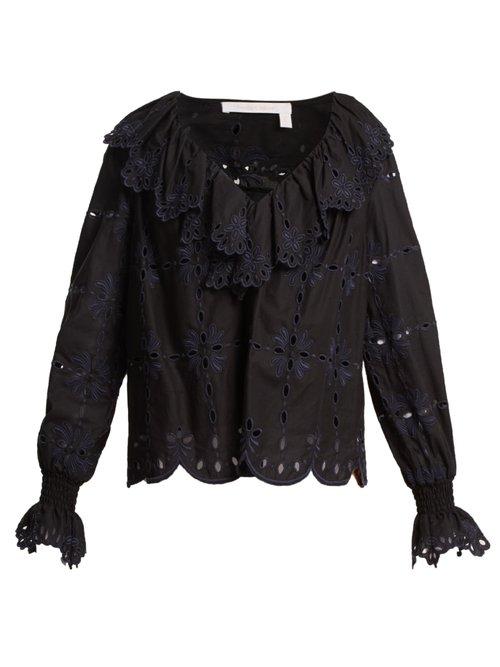 Matchesfashion.com See By Chlo - Geometric Floral Embroidery Cotton Top - Womens - Black