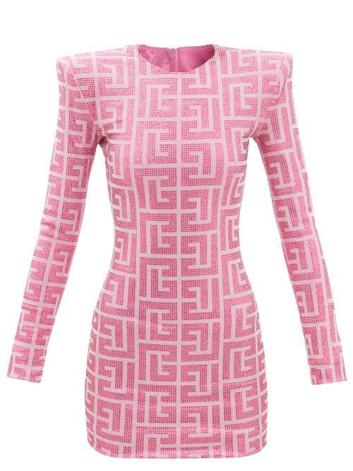 Balmain - Monogram-jacquard Mini Dress - Womens - Pink