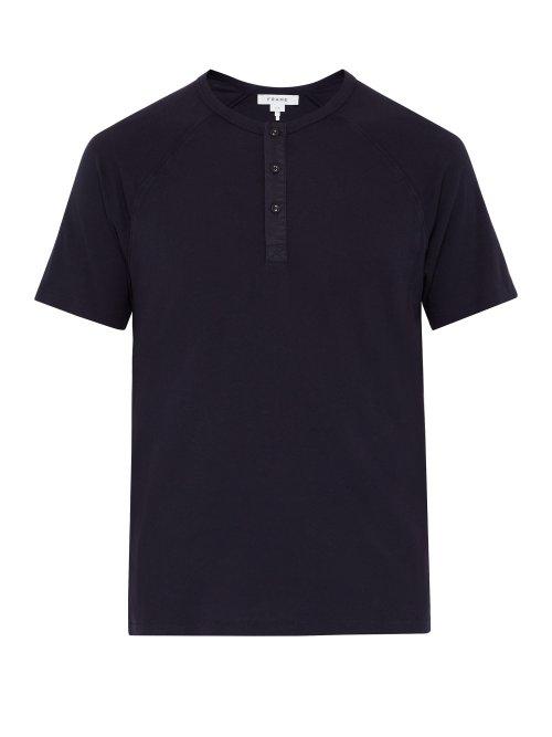 Matchesfashion.com Frame - Raglan Sleeve Cotton Jersey Henley T Shirt - Mens - Navy