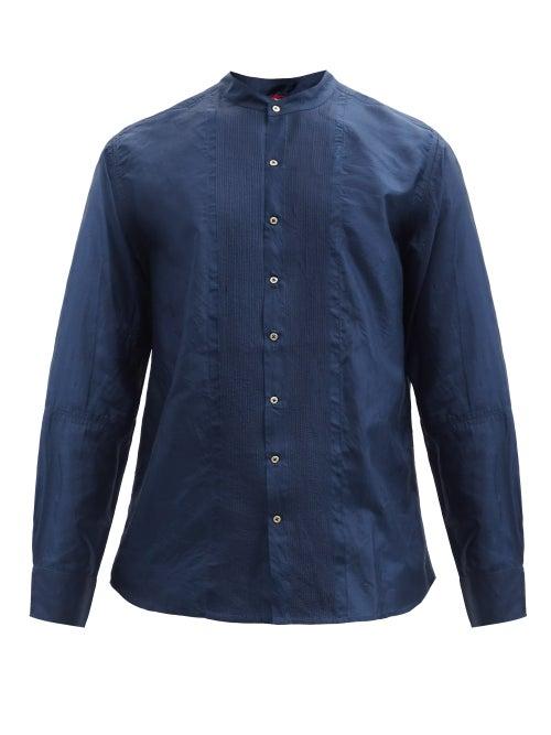 Mens Rtw Pro - Logo-embroidered Pintuck-pleated Silk Shirt - Mens - Navy