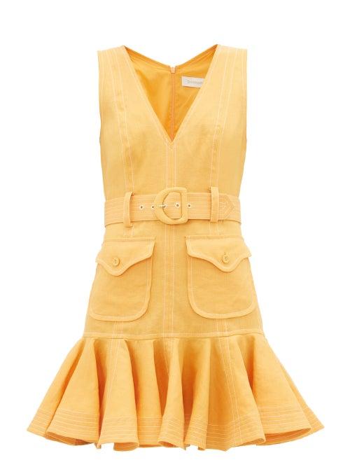 Matchesfashion.com Zimmermann - Super Eight Safari Flounced-hem Linen-poplin Dress - Womens - Orange