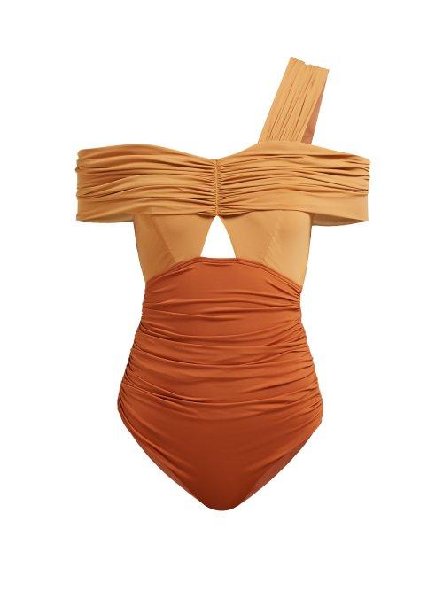 Matchesfashion.com Self-portrait - Draped Ruched Off The Shoulder Swimsuit - Womens - Tan