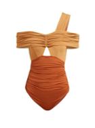 Matchesfashion.com Self-portrait - Draped Ruched Off The Shoulder Swimsuit - Womens - Tan