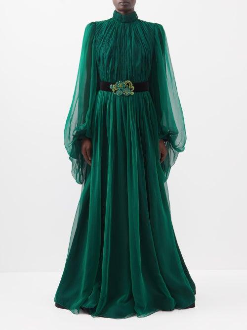 Andrew Gn - Belted Silk-georgette Gown - Womens - Green