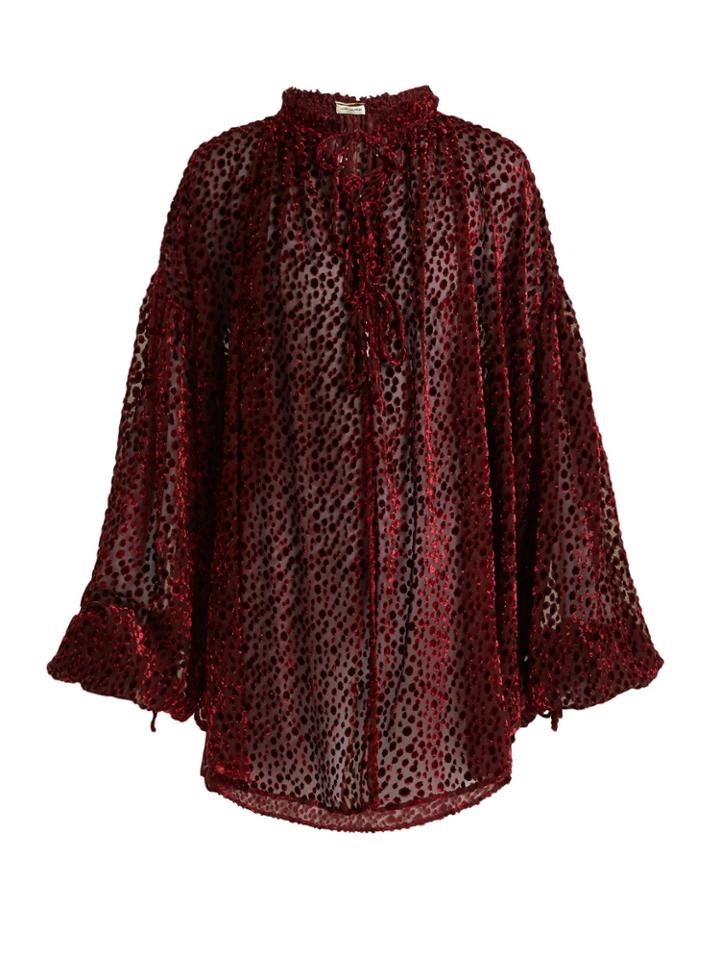 Saint Laurent Flocked Velvet Polka-dot Peasant Blouse