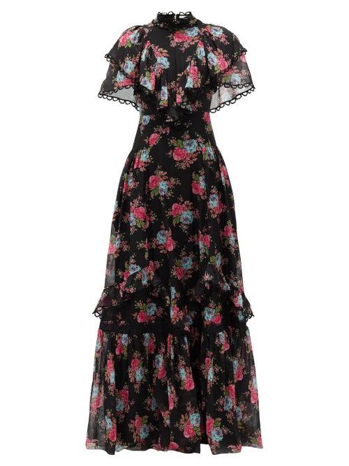 Matchesfashion.com Erdem - Mauricia Carrington Rose-print Cotton-blend Gown - Womens - Black Multi