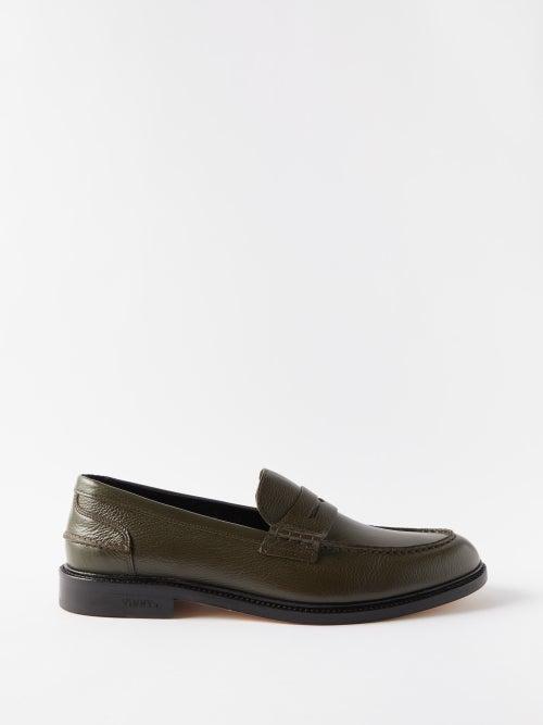 Vinnys - Townee Grained-leather Penny Loafers - Mens - Olive