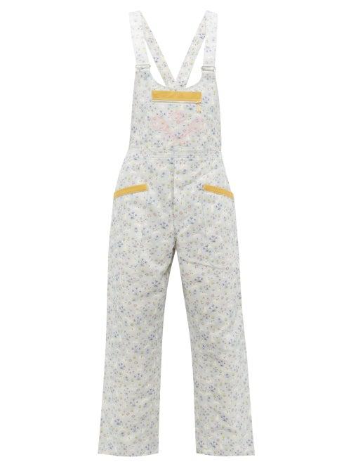 Matchesfashion.com Gucci - Tennis Logo And Floral Print Cotton Dungarees - Mens - Blue Multi