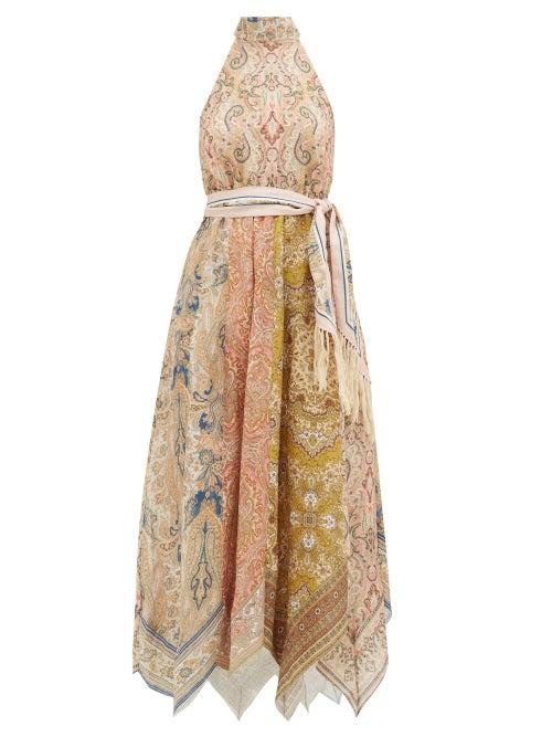 Matchesfashion.com Zimmermann - Freja Halterneck Paisley-print Linen Dress - Womens - Brown Print