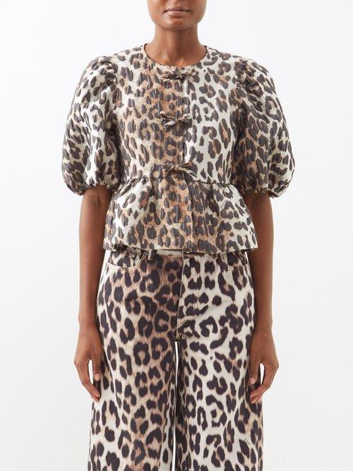 Ganni - Puff-sleeved Leopard-print Jacquard Top - Womens - Leopard Print