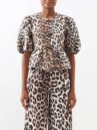Ganni - Puff-sleeved Leopard-print Jacquard Top - Womens - Leopard Print