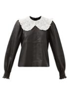 Matchesfashion.com Sea - Loretta Broderie-anglaise Collar Leather Blouse - Womens - Black