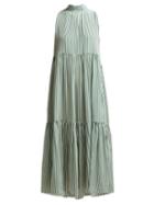 Matchesfashion.com Asceno - Striped Neck Tie Tiered Silk Midi Dress - Womens - Khaki Stripe