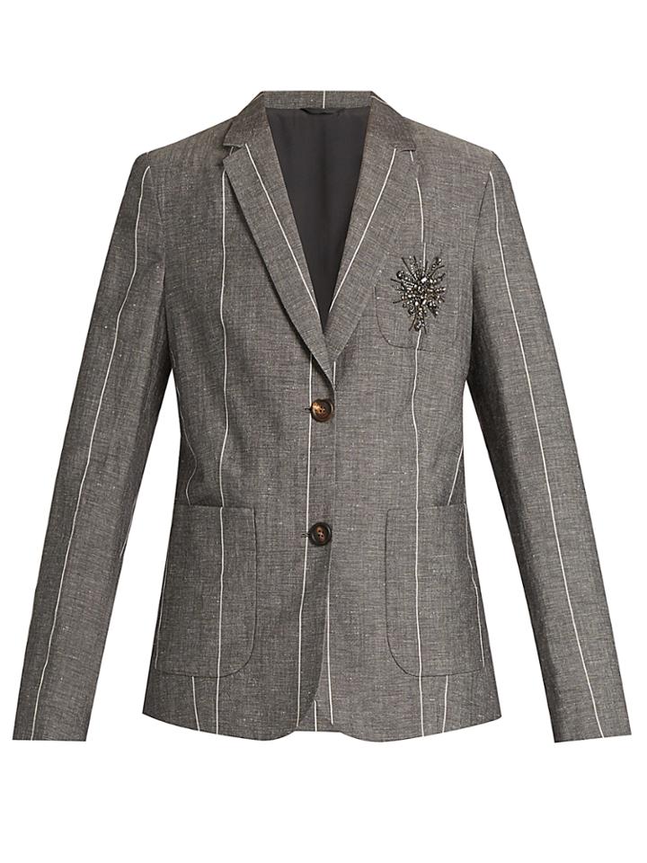 Brunello Cucinelli Embellished Striped Wool And Linen-blend Jacket
