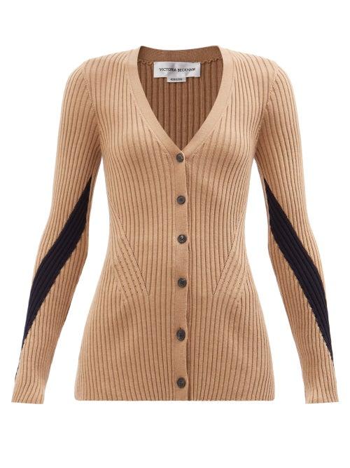 Victoria Beckham - V-neck Ribbed Wool Cardigan - Womens - Camel