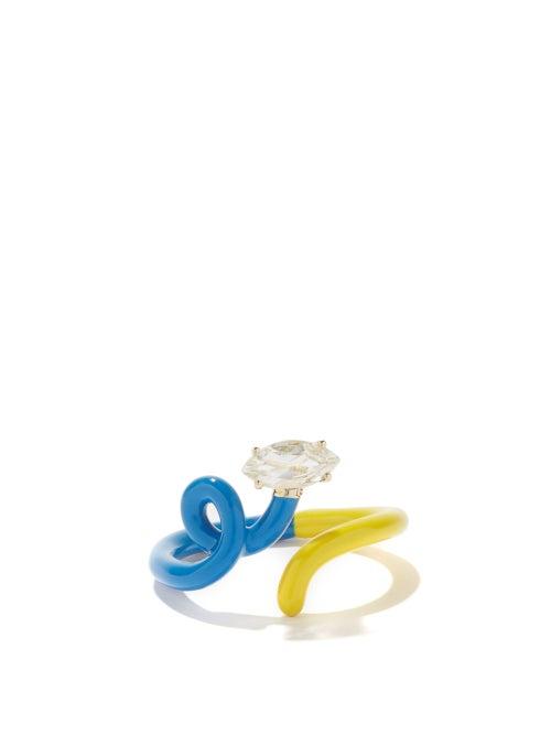 Bea Bongiasca - Baby Vine Tendril Crystal, 9kt Gold & Enamel Ring - Womens - Blue Multi