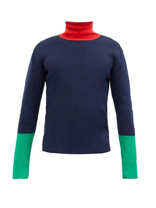 Matchesfashion.com Wales Bonner - Goto Colour-block Roll-neck Ribbed Sweater - Mens - Navy