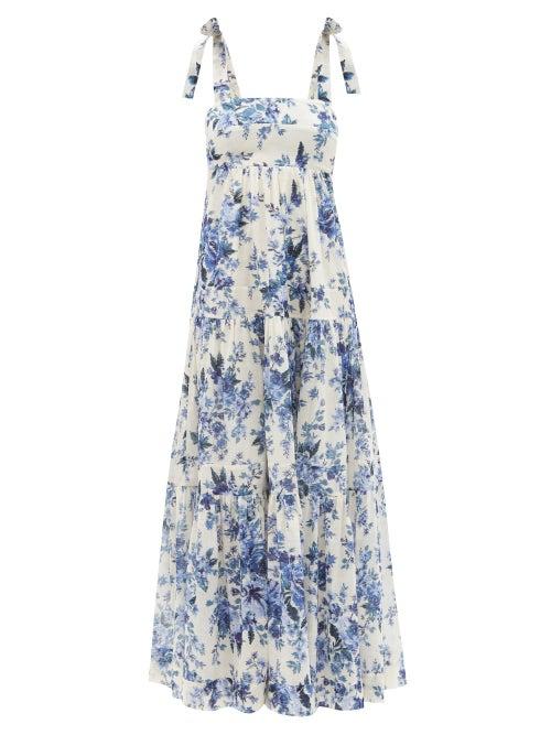 Ladies Beachwear Zimmermann - Aliane Tiered Floral-print Cotton-voile Dress - Womens - Blue White