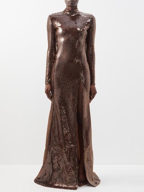 David Koma - Side-slit Sequinned Gown - Womens - Brown