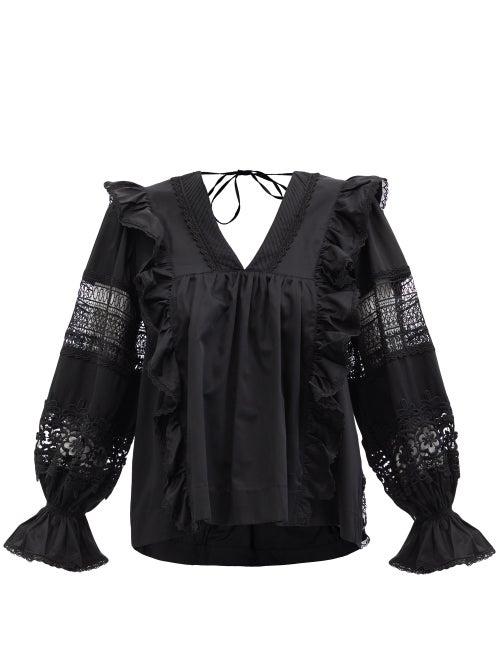 Ladies Rtw Lug Von Siga - Carla Lace-panel Gathered Cotton Blouse - Womens - Black