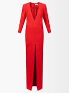 Saint Laurent - Plunge-neck Grain De Poudre Dress - Womens - Red