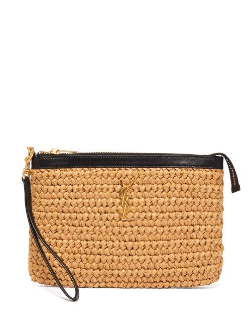 Matchesfashion.com Saint Laurent - Logo Plaque Macram Raffia Pouch - Womens - Beige Multi