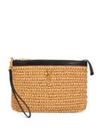 Matchesfashion.com Saint Laurent - Logo Plaque Macram Raffia Pouch - Womens - Beige Multi