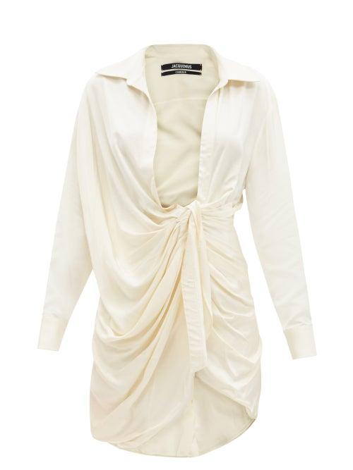 Matchesfashion.com Jacquemus - Bahia Plunge-neck Knotted Twill Mini Dress - Womens - Cream