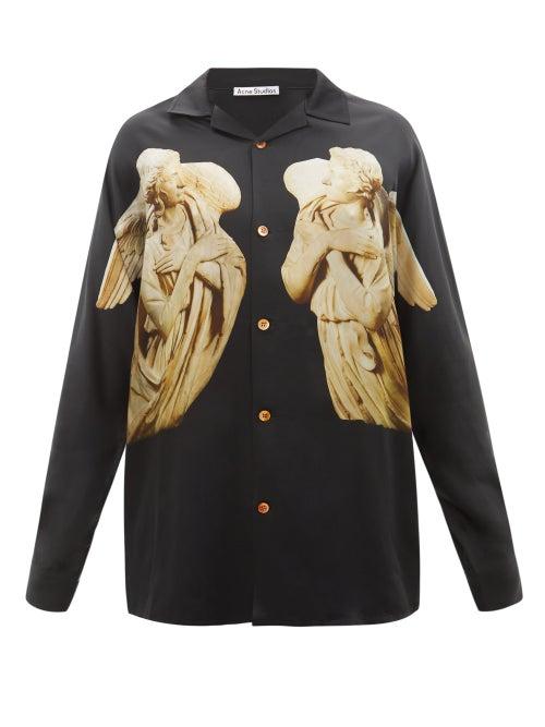 Acne Studios - Statue-print Long-sleeved Satin Shirt - Mens - Black