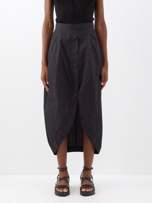 Lee Mathews - Oakley Asymmetric-hem Cotton Midi Skirt - Womens - Black