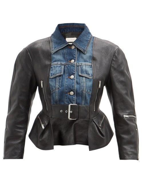 Matchesfashion.com Alexander Mcqueen - Nappa Leather And Denim Basque Jacket - Womens - Black Blue