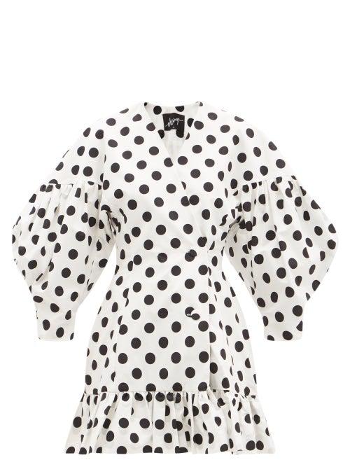 Matchesfashion.com Elzinga - Polka-dot Cotton-crepe Wrap-front Mini Dress - Womens - White