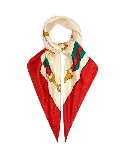 Matchesfashion.com Gucci - Stirrup And Web Stripe Print Silk Scarf - Womens - Red