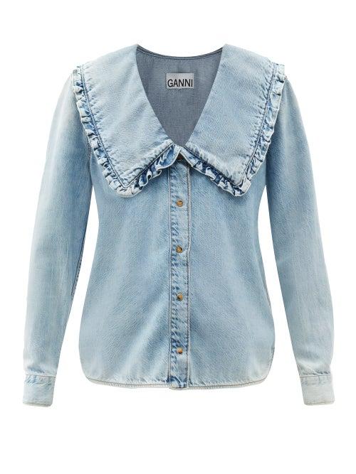 Ganni - Peter Pan-collar Organic Cotton-blend Denim Shirt - Womens - Light Denim
