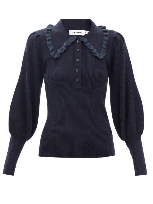 Cefinn - Tallulah Ruffled-collar Wool-blend Sweater - Womens - Navy