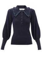 Cefinn - Tallulah Ruffled-collar Wool-blend Sweater - Womens - Navy