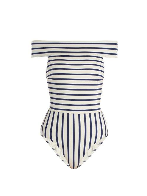 Matchesfashion.com Solid & Striped - The Vera Off The Shoulder Striped Swimsuit - Womens - Navy Stripe