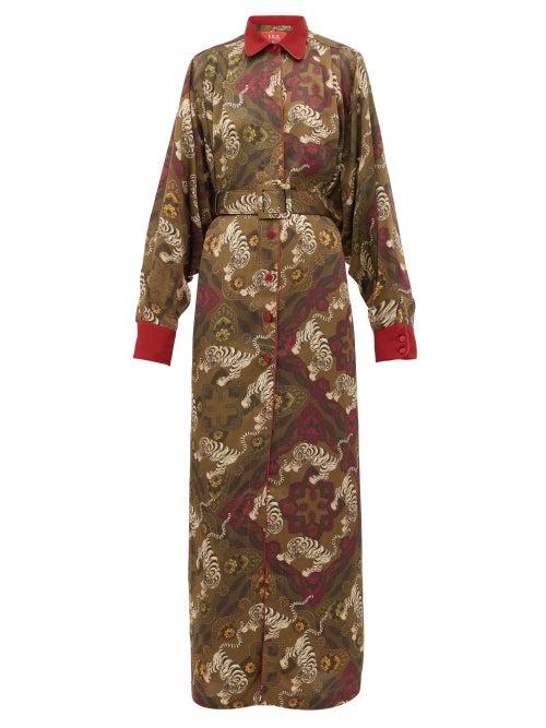 Matchesfashion.com F.r.s - For Restless Sleepers - Febo Belted Tiger Print Cloqu Gown - Womens - Green Multi