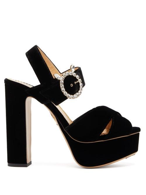 Matchesfashion.com Charlotte Olympia - Bejewelled Aristocat Velvet Platform Sandals - Womens - Black