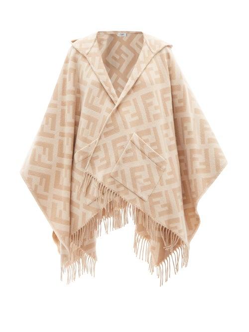 Fendi - Ff-jacquard Hooded Cashmere Poncho - Womens - Camel