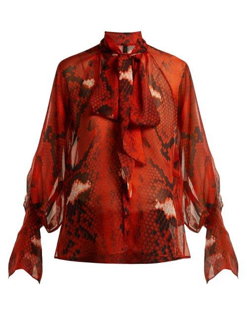 Matchesfashion.com Petar Petrov - Bea Snake Print Pussy Bow Silk Blouse - Womens - Red Multi