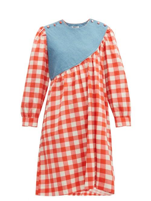 Matchesfashion.com Batsheva - Sash Denim Panelled Gingham Cotton Dress - Womens - Red Multi